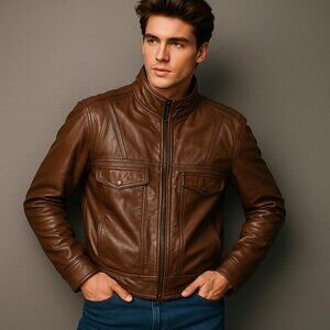 American Male Vintage 80s Brown Leather Bomber Moto Jacket Size 40 Medium Retro